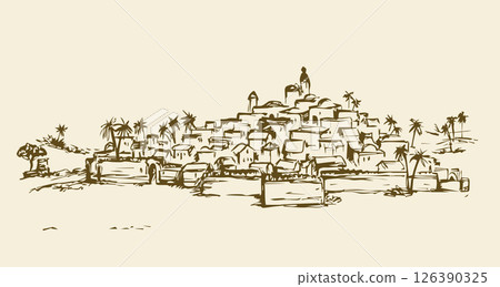 City in a desert. Vector drawing 126390325