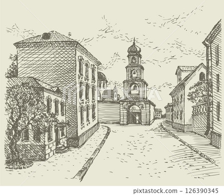 Vector cityscape. Low houses on the street of the old town Vector cityscape. Low houses on the street of the old town 126390345