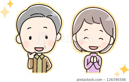 Understanding/Resolution / Illustration of an elderly couple with cheerful expressions Understanding/Resolution / Illustration of an elderly couple with cheerful expressions 126390386