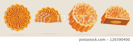 3d mooncake, chinese delicacy, mid autumn festival gift. Asian round sweet food, moon cake whole and cut half with floral ornament, lotus seed paste or egg yolk, isolated render set. 3D illustration 126390400