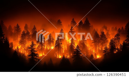A dramatic forest fire illuminating the night sky with flames and smoke. A dramatic forest fire illuminating the night sky with flames and smoke. 126390451