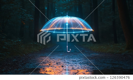 A glowing umbrella illuminates a path in a dark, serene forest setting. 126390476