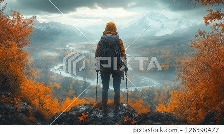 A hiker admires a stunning autumn landscape from a scenic viewpoint. 126390477