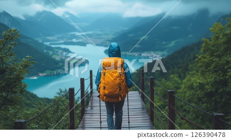 A hiker with a yellow backpack enjoys a scenic view of a calm lake surrounded by mountains. 126390478