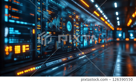 Futuristic interface showcasing advanced data visualization and analytics. Futuristic interface showcasing advanced data visualization and analytics. 126390550