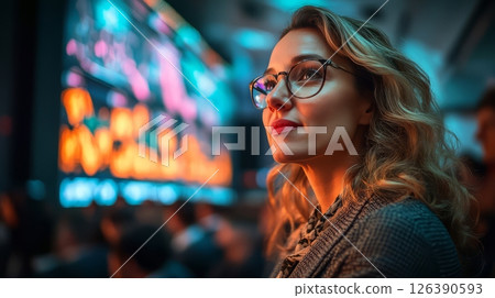 Focused professional woman observing market trends in a lively trading environment. 126390593