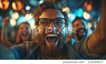Joyful group celebrating with laughter and enthusiasm in a vibrant setting. 126390617
