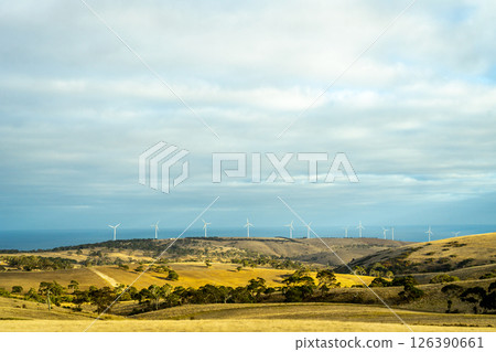 Wind turbines on hills near Cape Jervis, Australia 126390661