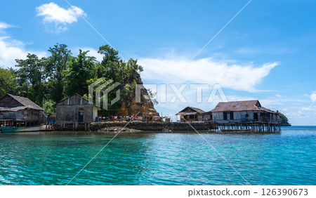 Traditional Bajo village on stilts, Togian Islands, Sulawesi, Indonesia 126390673