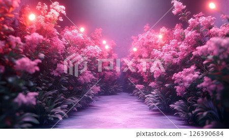 A vibrant path lined with blooming pink flowers under soft, ethereal lighting. 126390684