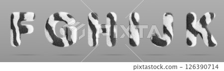 Zebra fluffy font letters F, G, H, I, J, K with african wild animal skin print. English alphabet for kids with fur striped pattern and white black hairy texture, isolated render set. 3D illustration 126390714