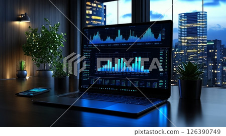 A modern laptop displaying financial data with a city skyline in the background. A modern laptop displaying financial data with a city skyline in the background. 126390749