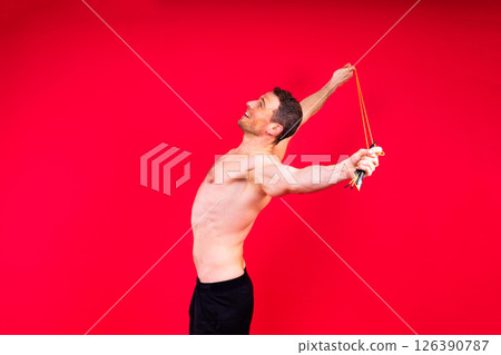 Portrait, happy man and bodybuilder with abs on studio background, backdrop and topless pride Portrait, happy man and bodybuilder with abs on studio background, backdrop and topless pride 126390787