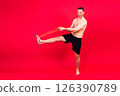 Portrait, happy man and bodybuilder with abs on studio background, backdrop and topless pride 126390789