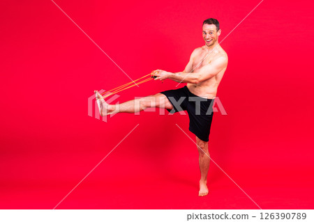 Portrait, happy man and bodybuilder with abs on studio background, backdrop and topless pride Portrait, happy man and bodybuilder with abs on studio background, backdrop and topless pride 126390789