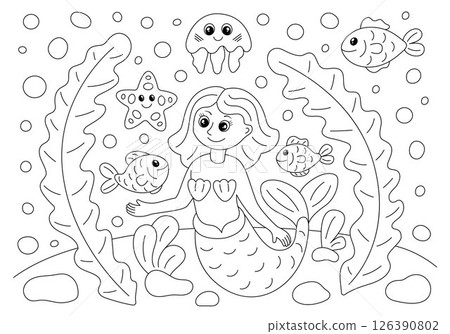 Coloring page with cute mermaid, fish, jellyfish. 126390802
