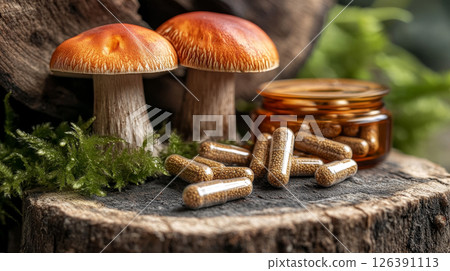 Wild Mushrooms and Herbal Supplement Capsules 126391113