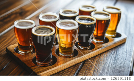 Variety of Craft Beers in Flight Glasses on Wooden Paddle Variety of Craft Beers in Flight Glasses on Wooden Paddle 126391118