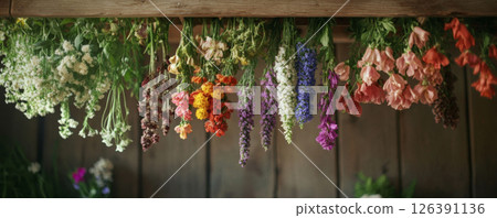 Colorful Dried Flowers Hanging Upside Down in Rustic Setting 126391136