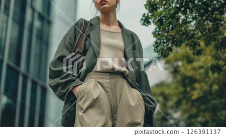 Stylish Woman in Chic Neutral Outfit in Urban Setting 126391137