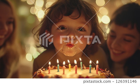 Happy Child Celebrating Birthday with Cake and Candles 126391146
