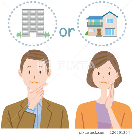Illustration of a middle-aged couple thinking about buying and renting real estate 126391294