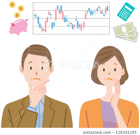 Illustration of a middle-aged couple thinking about investment stocks 126391295