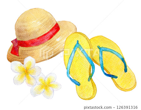 水彩插圖:沙灘涼鞋和草帽 水彩插圖:沙灘涼鞋和草帽 126391316