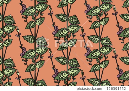 Botanical floral seamless pattern with wildflowers vector illustration. Repeating medicinal plants with purple Flowers Stems Leaves in pastel orange background. Graphic design for Wedding Textile Card Botanical floral seamless pattern with wildflowers vector illustration. Repeating medicinal plants with purple Flowers Stems Leaves in pastel orange background. Graphic design for Wedding Textile Card 126391332