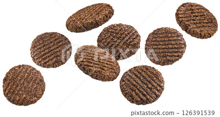 Plant based burger patty flying in air, isolated on white background with clipping path, package design element 126391539