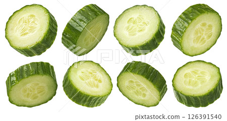 Cucumber slices isolated on white background with clipping path, full depth of field, package design element 126391540