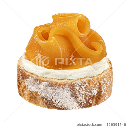 Vegan plant based salmon slices on bread isolated on white background with clipping path, package design element Vegan plant based salmon slices on bread isolated on white background with clipping path, package design element 126391546