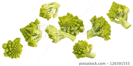 Falling romanesco cabbage isolated on white background with clipping path, full depth of field Falling romanesco cabbage isolated on white background with clipping path, full depth of field 126391555