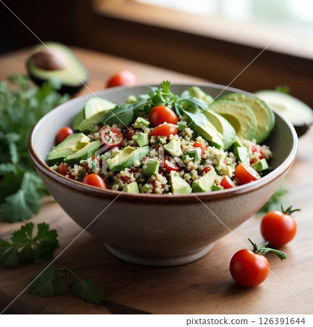 A bowl of salad with tomatoes and avocado on a wooden table 126391644