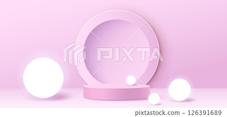 Glowing white spheres around pink podium 126391689