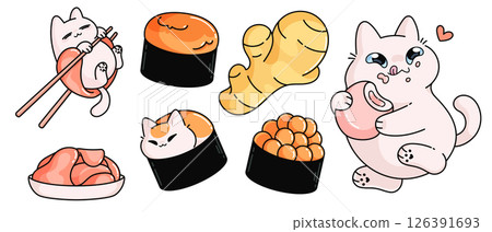 Kawaii cat eating and cosplaying Japanese food 126391693