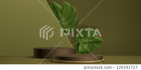 Brown wood podium display with monstera leaf Brown wood podium display with monstera leaf 126391727