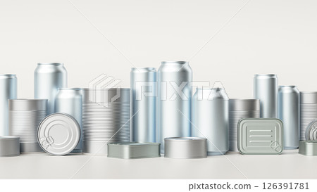 Row of canned goods, including a can of beverages and can of food 126391781