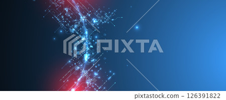 Digital circuit visualization vector background.  Neon glowing board pattern with interconnected lines, nodes, and binary code. 126391822