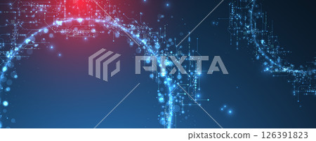 Digital circuit visualization vector background. Neon glowing board pattern with interconnected lines, nodes, and binary code. Digital circuit visualization vector background. Neon glowing board pattern with interconnected lines, nodes, and binary code. 126391823
