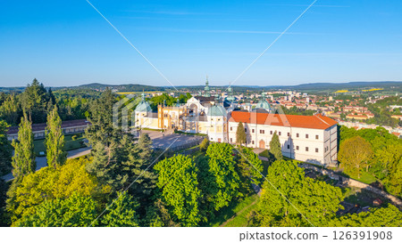 Holy Mountain in Pribram showcases a stunning Baroque complex surrounded by lush greenery. This significant pilgrimage site offers breathtaking views of the Czech landscape. 126391908
