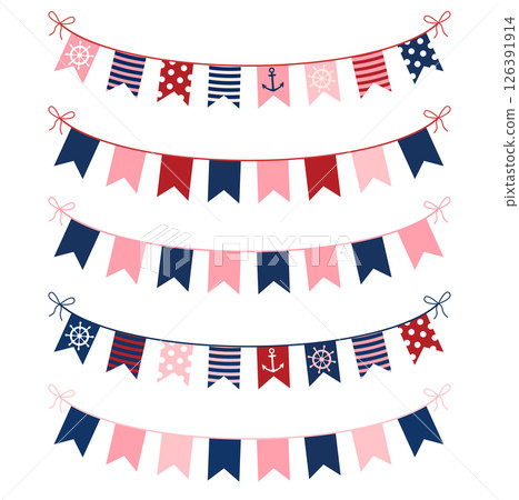 Cute nautical buntings in red, blue and pink colors for birthday parties, scrapbooking and invitations for kids 126391914