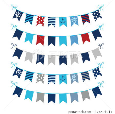 Set of nautical themed vector bunting garlands in blue, red and grey colors for greeting cards, invitations and scrapbooking designs Set of nautical themed vector bunting garlands in blue, red and grey colors for greeting cards, invitations and scrapbooking designs 126391915