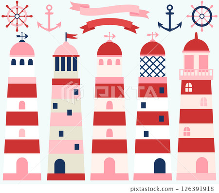 Girl nautical set with lighthouses and marine elements for greeting cards and invitations Girl nautical set with lighthouses and marine elements for greeting cards and invitations 126391918