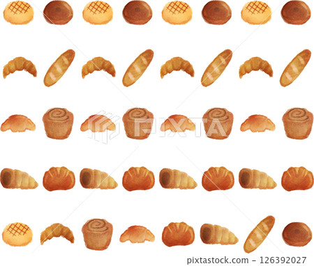 A set of watercolor illustrations of various breads 126392027