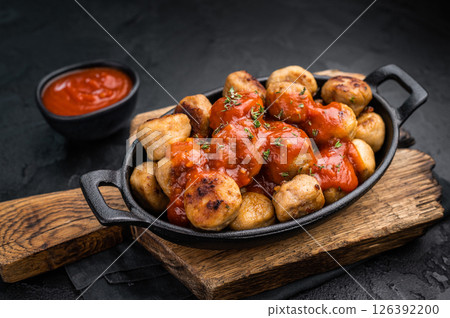 Hearty meatballs, beef balls, bursting with flavor and served in a rich tomato sauce. A beloved dish that combines tradition and taste for every occasion. black background. top view 126392200