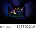 Male hands are using calculator on mobile phone and laptop keyboard. 126392219