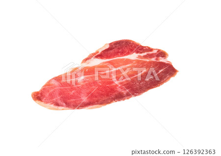 Slices of prsut, Balkan pork meat ham isolated on white background. top view Slices of prsut, Balkan pork meat ham isolated on white background. top view 126392363