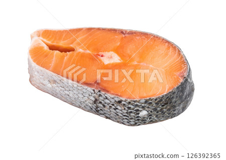 Fresh raw salmon fillet, glistening with moisture, ready for marinating or grilling. A perfect choice for healthy seafood lovers. isolated on white background. top view 126392365