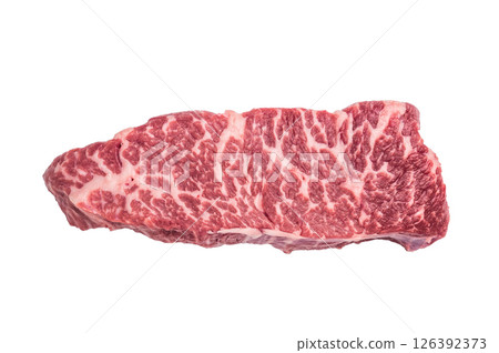 Fresh raw Denver steak, showcasing its marbled texture and rich color, perfect for grilling or pan-searing to create a flavorful meal. isolated on white background. top view 126392373